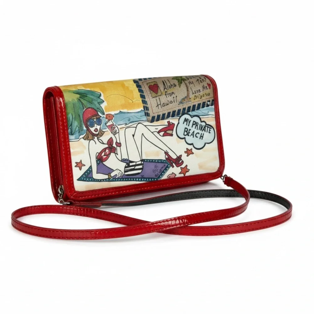 Vintage Brighton Hand Painted Leather Beach Art Crossbody Bag Purse